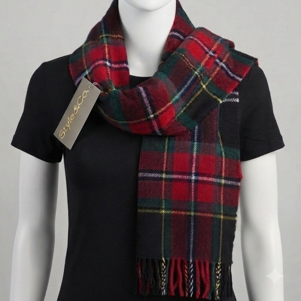 Style & Co Black Red Tartan Plaid Convertible Wrap Scarf Fringe One Size NWT
